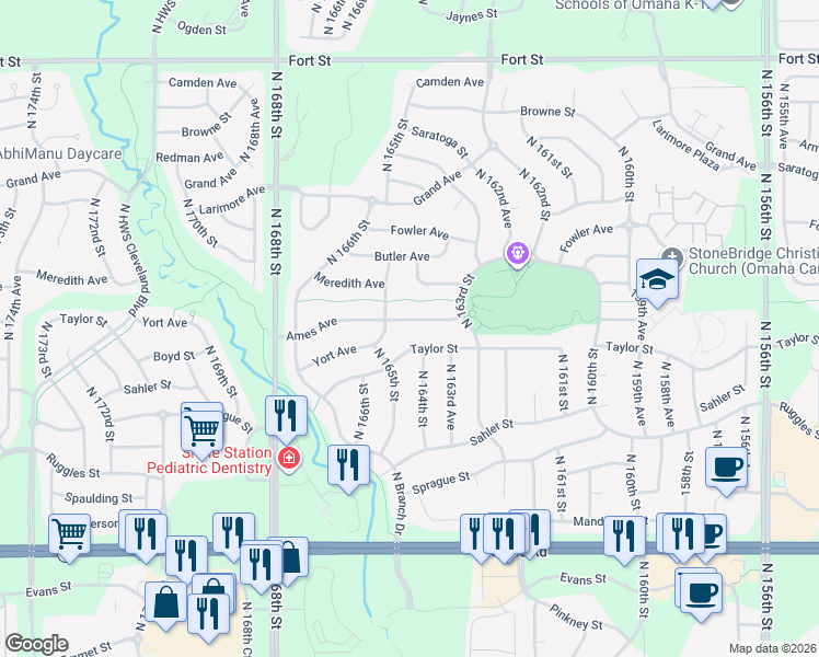 map of restaurants, bars, coffee shops, grocery stores, and more near 16418 Taylor Street in Omaha