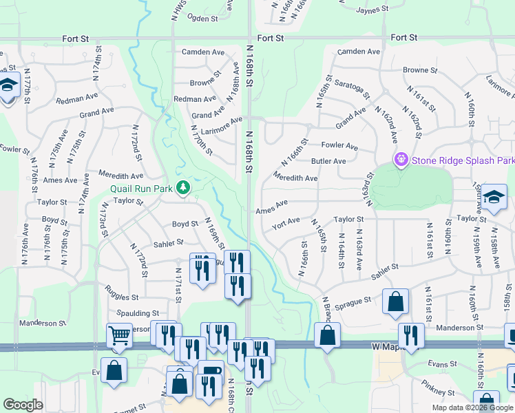map of restaurants, bars, coffee shops, grocery stores, and more near 4466 North Branch Drive in Omaha