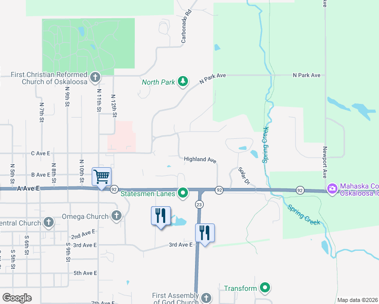 map of restaurants, bars, coffee shops, grocery stores, and more near 152 Highland Avenue in Oskaloosa