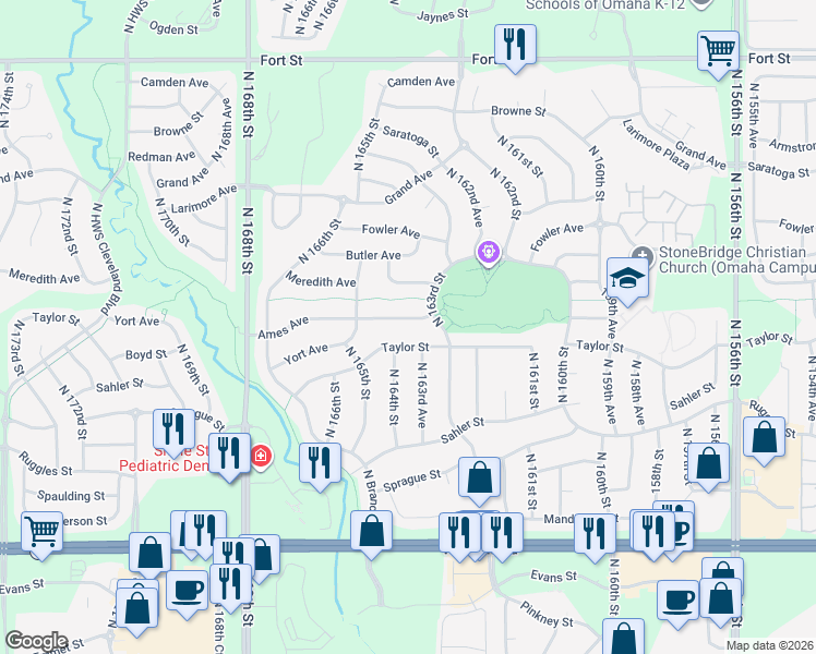 map of restaurants, bars, coffee shops, grocery stores, and more near 16356 Taylor Street in Omaha