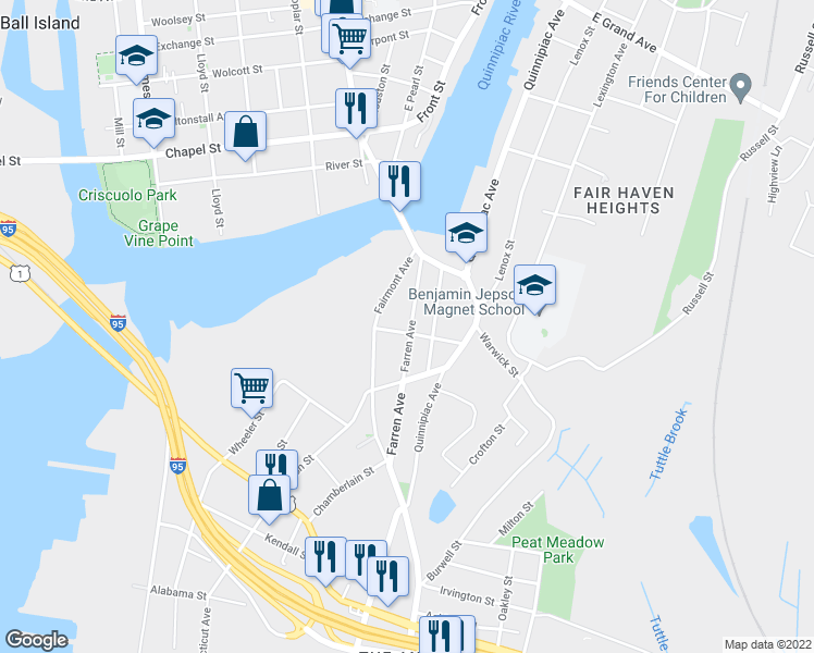 map of restaurants, bars, coffee shops, grocery stores, and more near 152 Farren Avenue in New Haven
