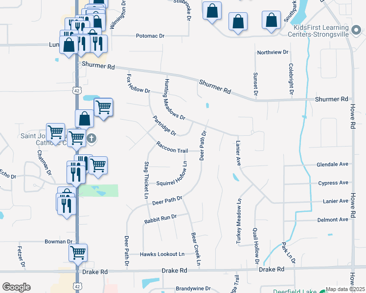 map of restaurants, bars, coffee shops, grocery stores, and more near 17034 Raccoon Trail in Strongsville