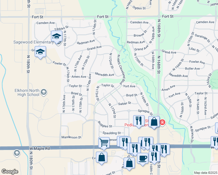 map of restaurants, bars, coffee shops, grocery stores, and more near 4324 North HWS Cleveland Boulevard in Omaha