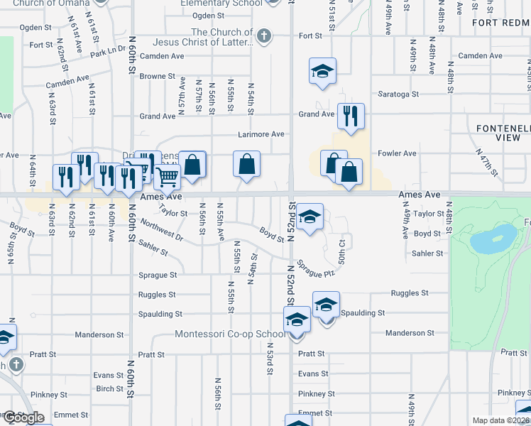 map of restaurants, bars, coffee shops, grocery stores, and more near 5315 Boyd Street in Omaha
