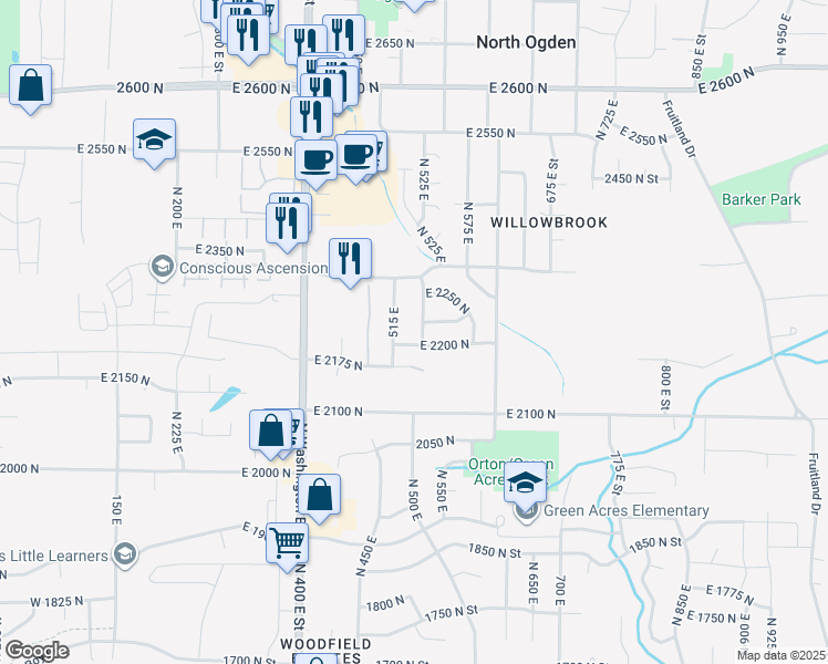 map of restaurants, bars, coffee shops, grocery stores, and more near 2213 North 525 East in North Ogden