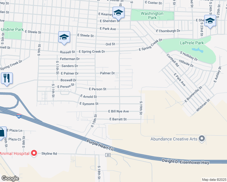 map of restaurants, bars, coffee shops, grocery stores, and more near 1614 East Arnold Street in Laramie