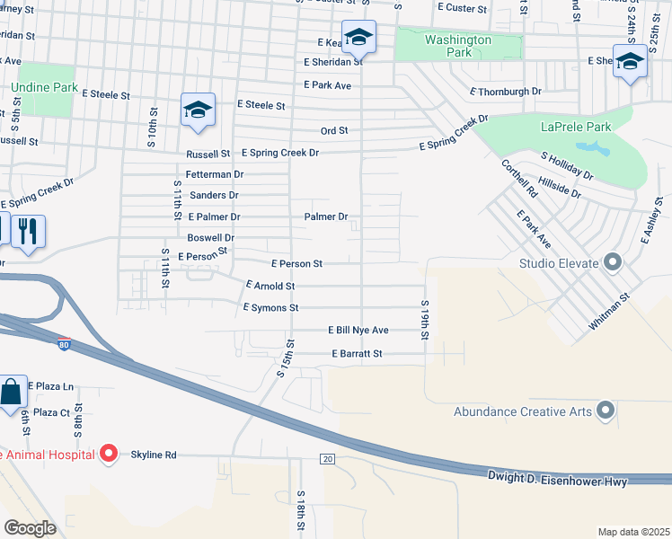 map of restaurants, bars, coffee shops, grocery stores, and more near 1614 East Arnold Street in Laramie