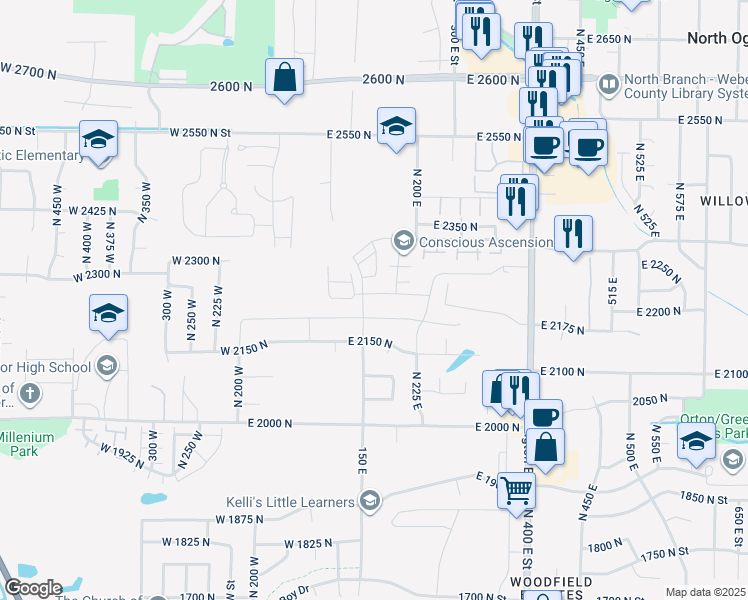 map of restaurants, bars, coffee shops, grocery stores, and more near 186 East 2150 North in North Ogden