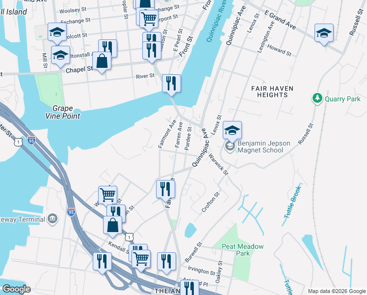 map of restaurants, bars, coffee shops, grocery stores, and more near 127 Farren Avenue in New Haven
