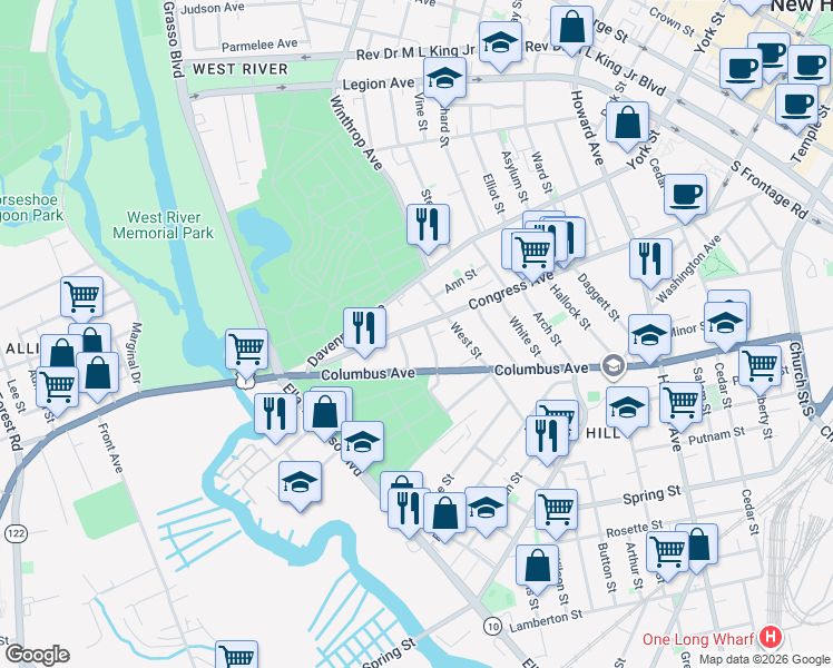 map of restaurants, bars, coffee shops, grocery stores, and more near 523 Columbus Avenue in New Haven