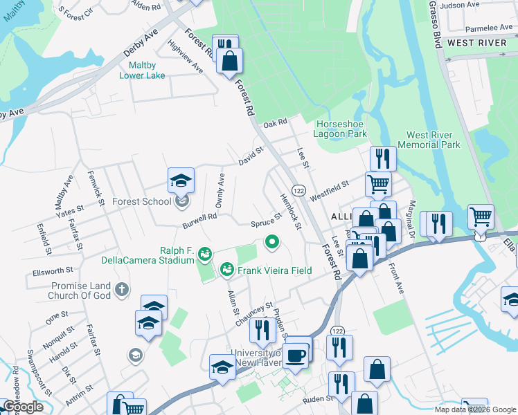 map of restaurants, bars, coffee shops, grocery stores, and more near 27 Birch Street in West Haven