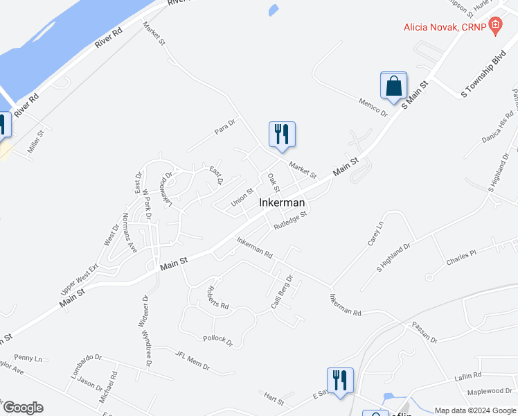 map of restaurants, bars, coffee shops, grocery stores, and more near 64 Main Street in Pittston