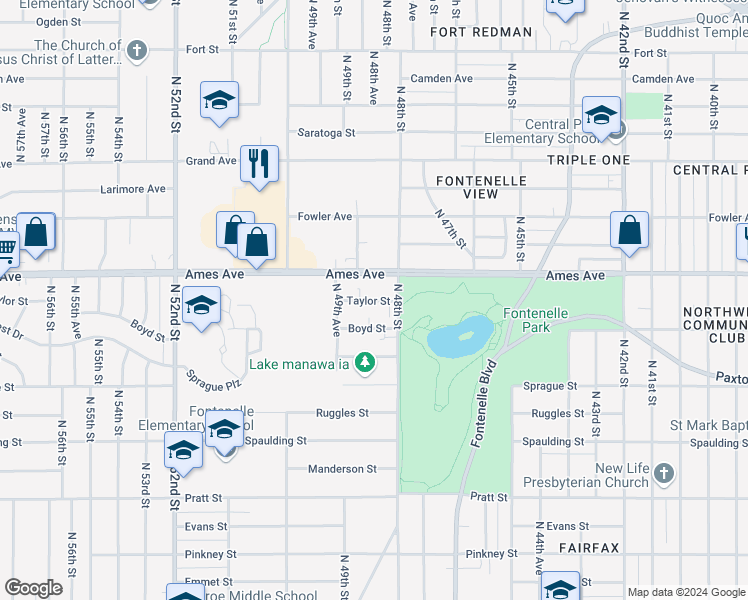 map of restaurants, bars, coffee shops, grocery stores, and more near 4816 Boyd Street in Omaha