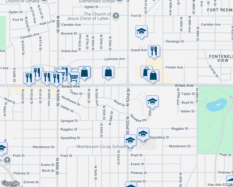 map of restaurants, bars, coffee shops, grocery stores, and more near 5315 Boyd Street in Omaha