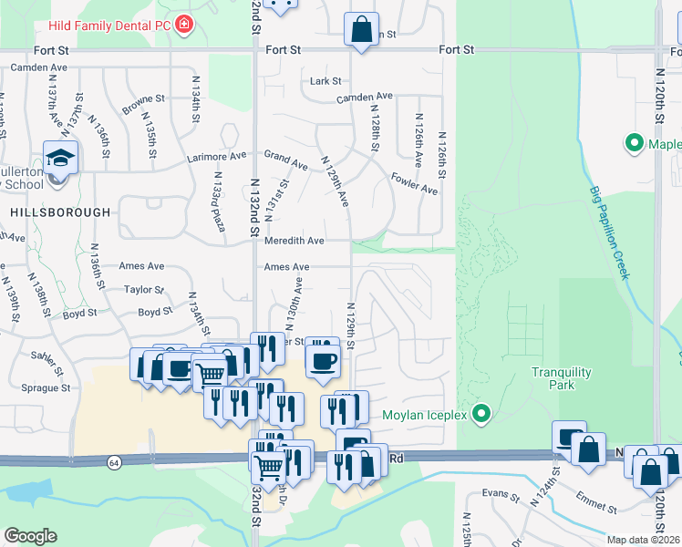 map of restaurants, bars, coffee shops, grocery stores, and more near 12905 Taylor Circle in Omaha