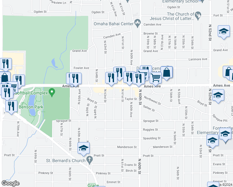 map of restaurants, bars, coffee shops, grocery stores, and more near 4411 North 62nd Street in Omaha