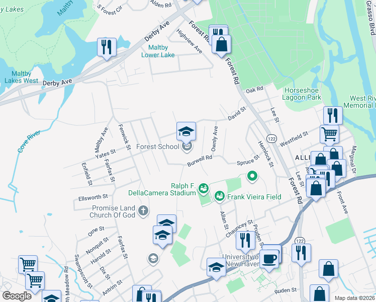 map of restaurants, bars, coffee shops, grocery stores, and more near 95 Burwell Road in West Haven