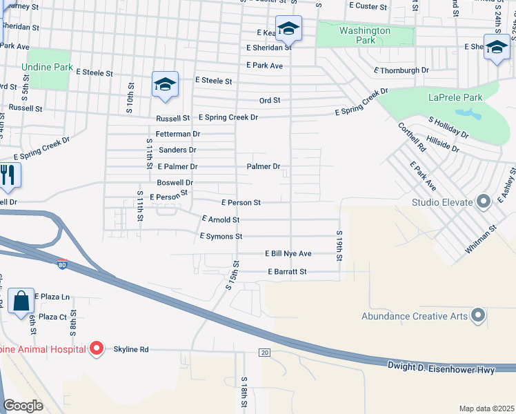 map of restaurants, bars, coffee shops, grocery stores, and more near 1518 East Person Street in Laramie
