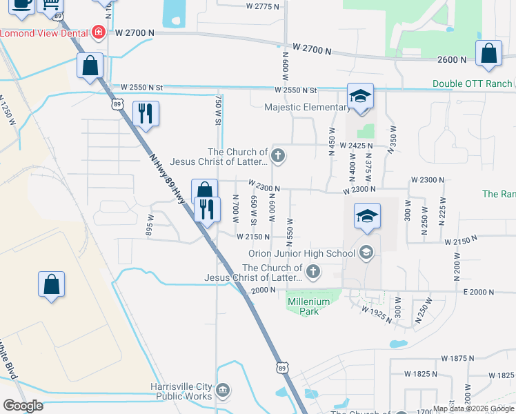 map of restaurants, bars, coffee shops, grocery stores, and more near 2195 650 West Street in Ogden