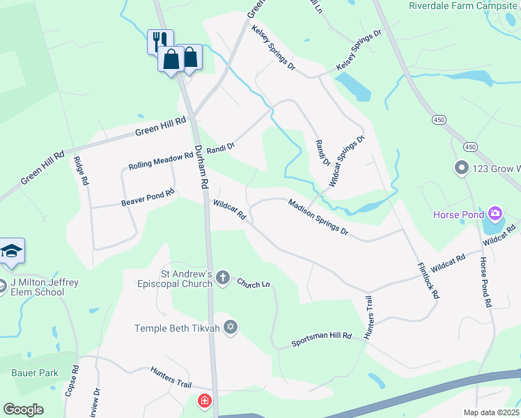 map of restaurants, bars, coffee shops, grocery stores, and more near 93 Madison Springs Drive in Madison