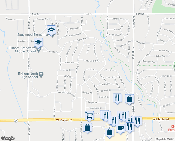map of restaurants, bars, coffee shops, grocery stores, and more near 17219 Taylor Street in Omaha