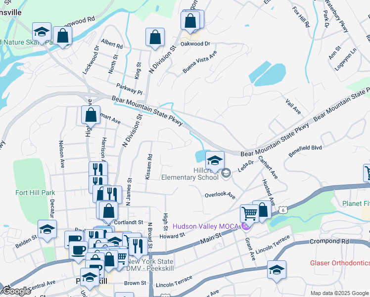 map of restaurants, bars, coffee shops, grocery stores, and more near 1 Rolling Way in Peekskill