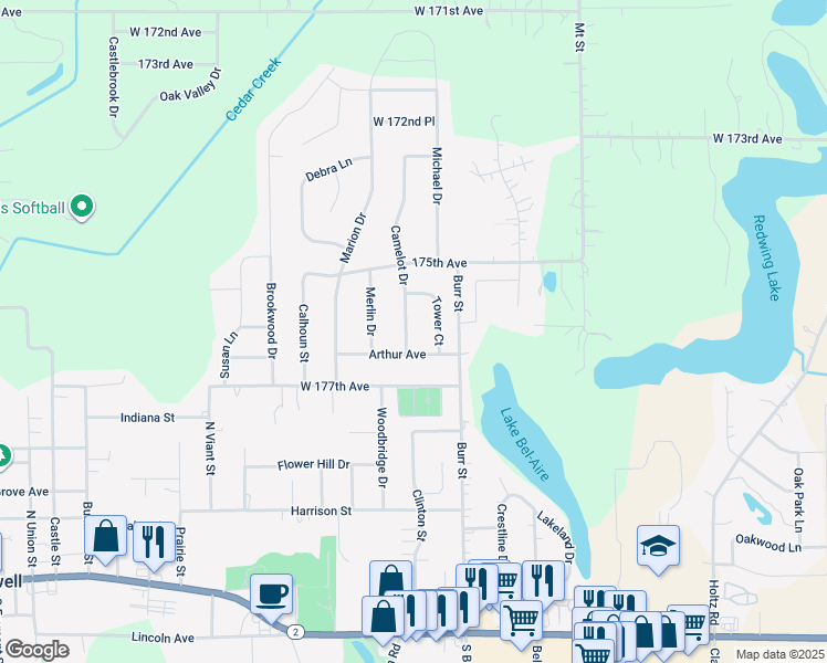 map of restaurants, bars, coffee shops, grocery stores, and more near 17552 Camelot Dr in Lowell