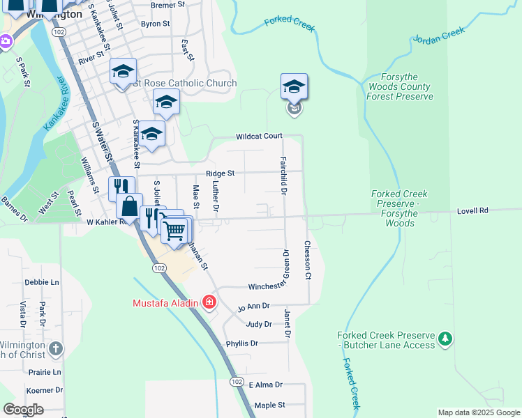 map of restaurants, bars, coffee shops, grocery stores, and more near 800 East Kahler Road in Wilmington