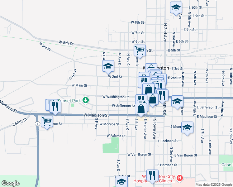 map of restaurants, bars, coffee shops, grocery stores, and more near 504 West Washington Street in Washington
