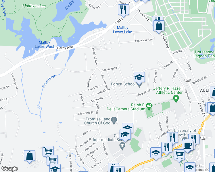 map of restaurants, bars, coffee shops, grocery stores, and more near 71 Fenwick Street in West Haven