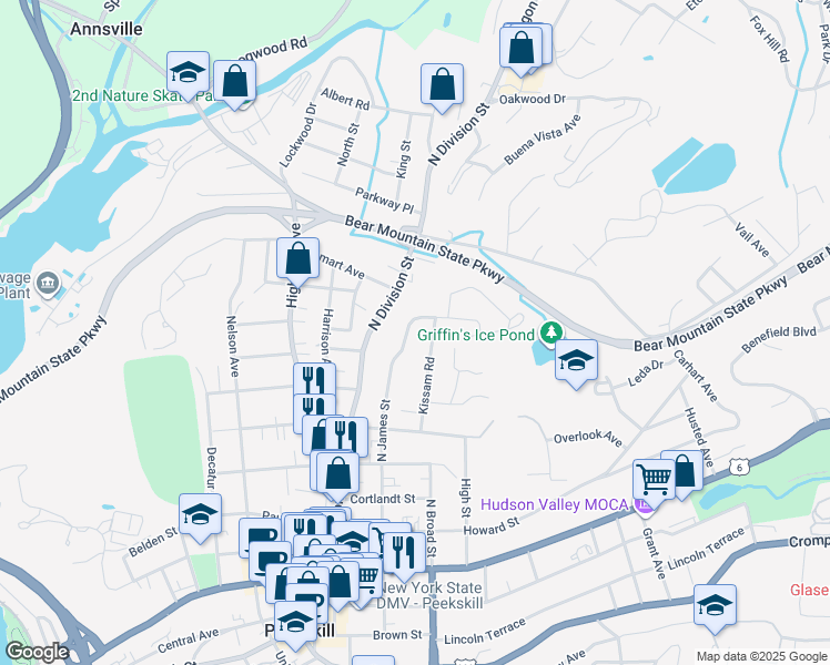 map of restaurants, bars, coffee shops, grocery stores, and more near 7 North James Street in Peekskill