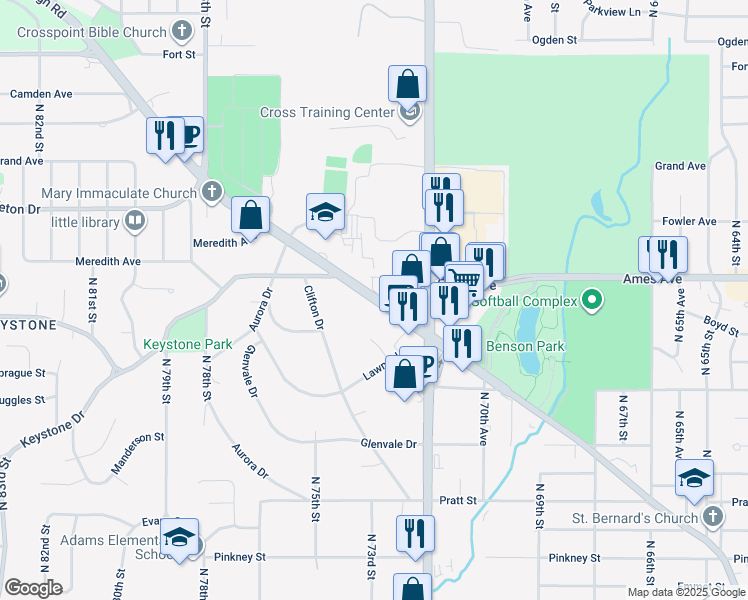 map of restaurants, bars, coffee shops, grocery stores, and more near 7375 Ames Circle in Omaha