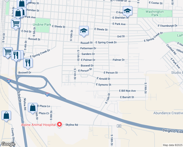 map of restaurants, bars, coffee shops, grocery stores, and more near 1210 Boswell Drive in Laramie