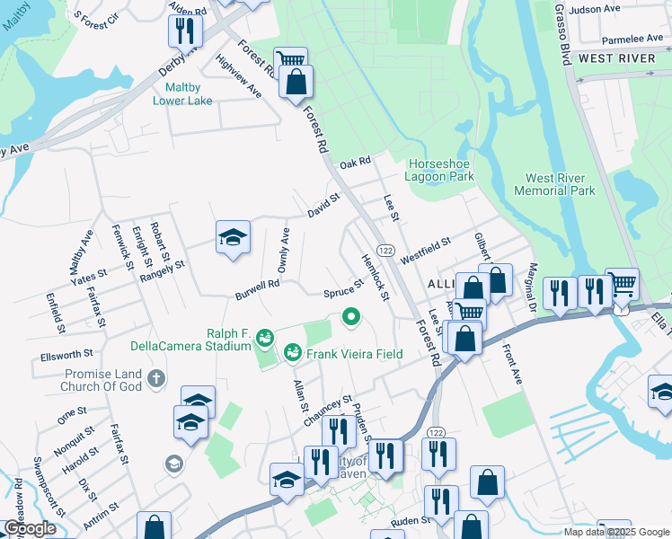 map of restaurants, bars, coffee shops, grocery stores, and more near 45 Birch Street in West Haven