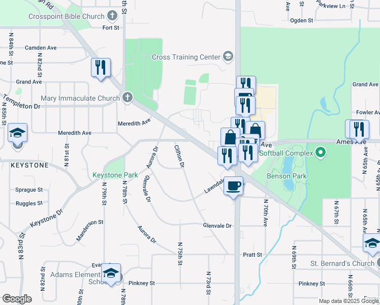 map of restaurants, bars, coffee shops, grocery stores, and more near 7503 Keystone Drive in Omaha