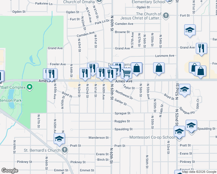 map of restaurants, bars, coffee shops, grocery stores, and more near 4404 North 60th Street in Omaha
