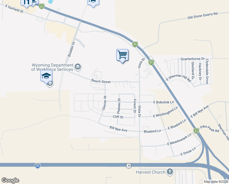 map of restaurants, bars, coffee shops, grocery stores, and more near 1703 Walsh Court in Laramie