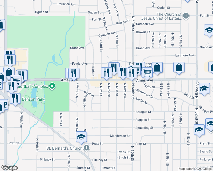 map of restaurants, bars, coffee shops, grocery stores, and more near 4416 North 62nd Street in Omaha
