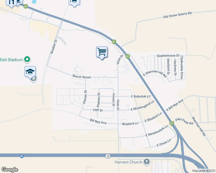 map of restaurants, bars, coffee shops, grocery stores, and more near 1713 Mercil Court in Laramie