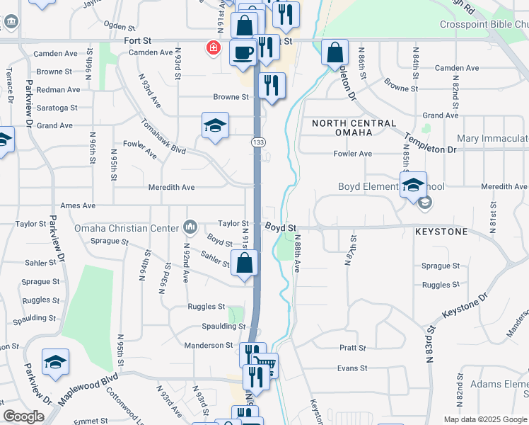 map of restaurants, bars, coffee shops, grocery stores, and more near 8990 Boyd Street in Omaha