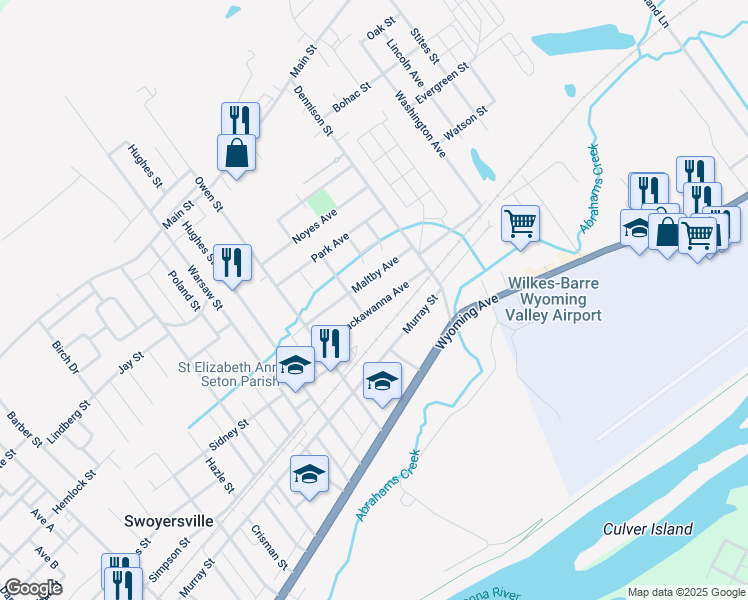 map of restaurants, bars, coffee shops, grocery stores, and more near 86 Lackawanna Avenue in Swoyersville