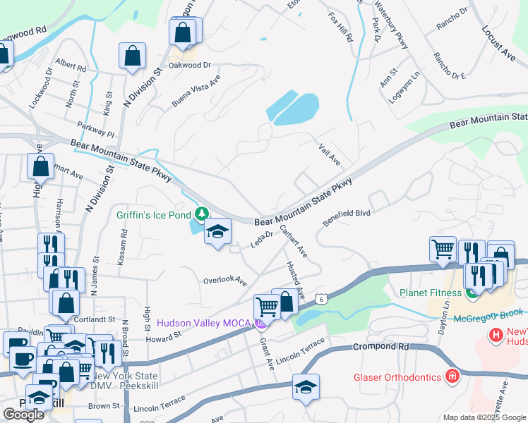 map of restaurants, bars, coffee shops, grocery stores, and more near 3 Pataki Farm Drive in Peekskill