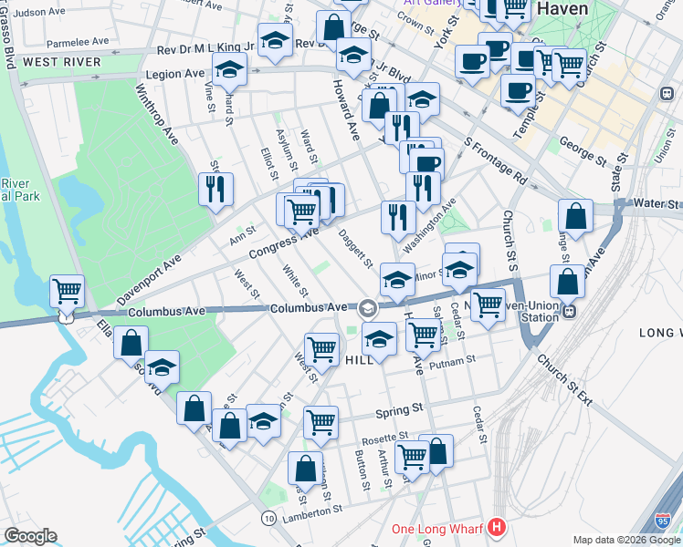 map of restaurants, bars, coffee shops, grocery stores, and more near 38 Hallock Street in New Haven