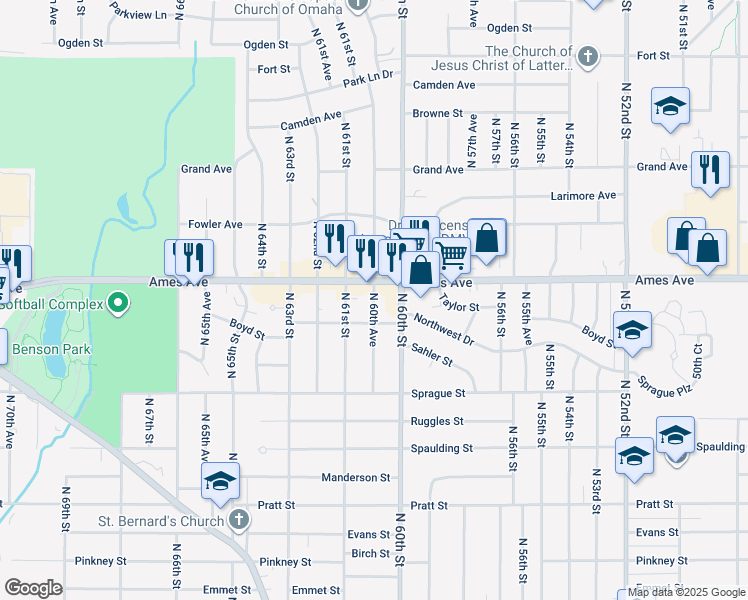 map of restaurants, bars, coffee shops, grocery stores, and more near 4423 North 60th Avenue in Omaha