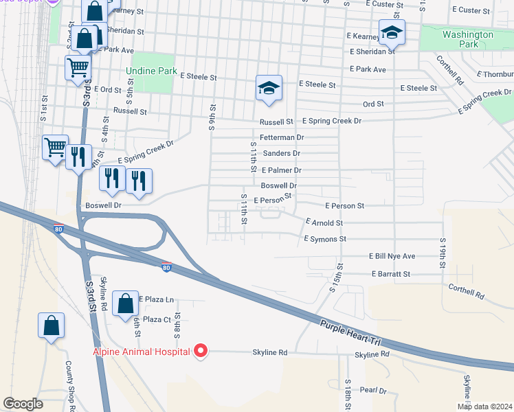 map of restaurants, bars, coffee shops, grocery stores, and more near 1126 Boswell Drive in Laramie