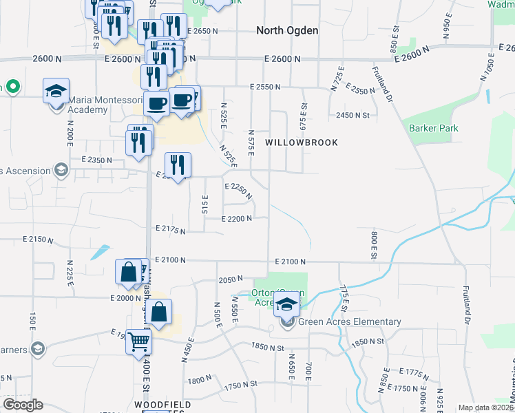 map of restaurants, bars, coffee shops, grocery stores, and more near 595 East 2250 North in Ogden