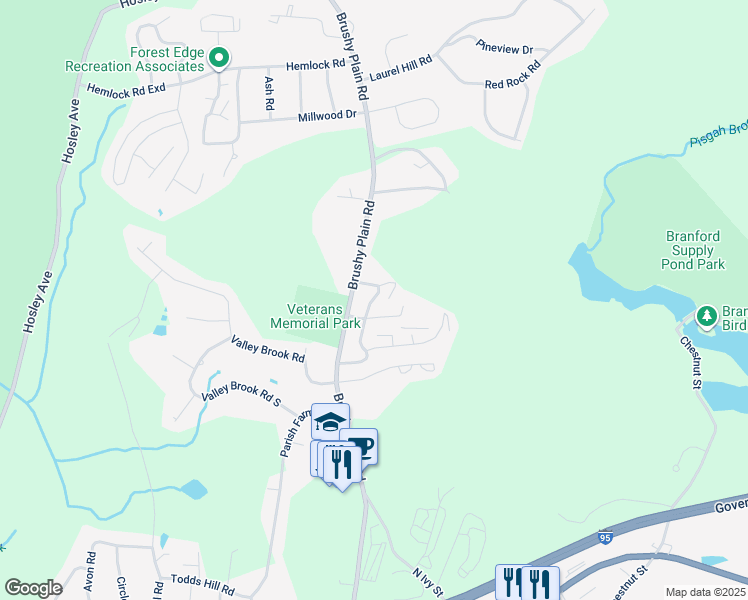 map of restaurants, bars, coffee shops, grocery stores, and more near 2 Bay Path Way in Branford