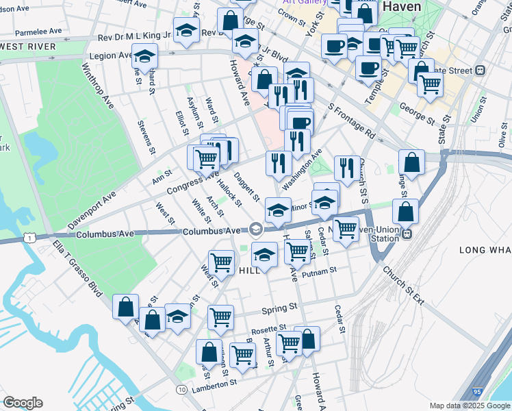 map of restaurants, bars, coffee shops, grocery stores, and more near 75 Daggett Street in New Haven