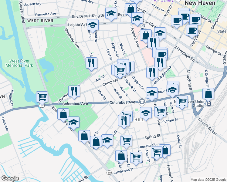 map of restaurants, bars, coffee shops, grocery stores, and more near 698 Congress Avenue in New Haven