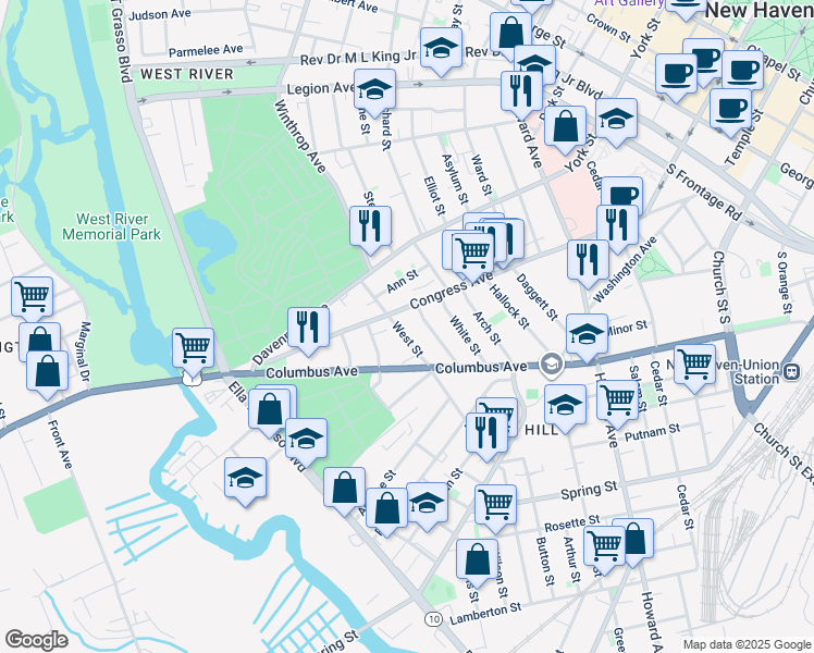 map of restaurants, bars, coffee shops, grocery stores, and more near 763 Congress Avenue in New Haven